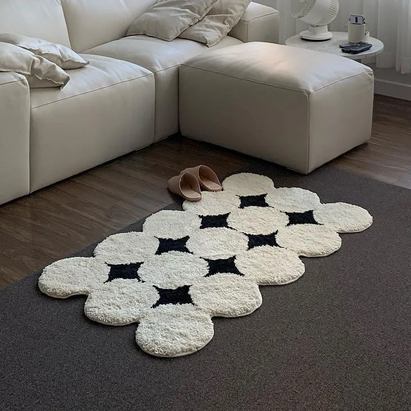 

Ins Wind Tufted Flocking Carpet Living Room Lrregular Absorbent Non-slip Floor Mat Creative Cream Circle Bedroom Bedside Blanket