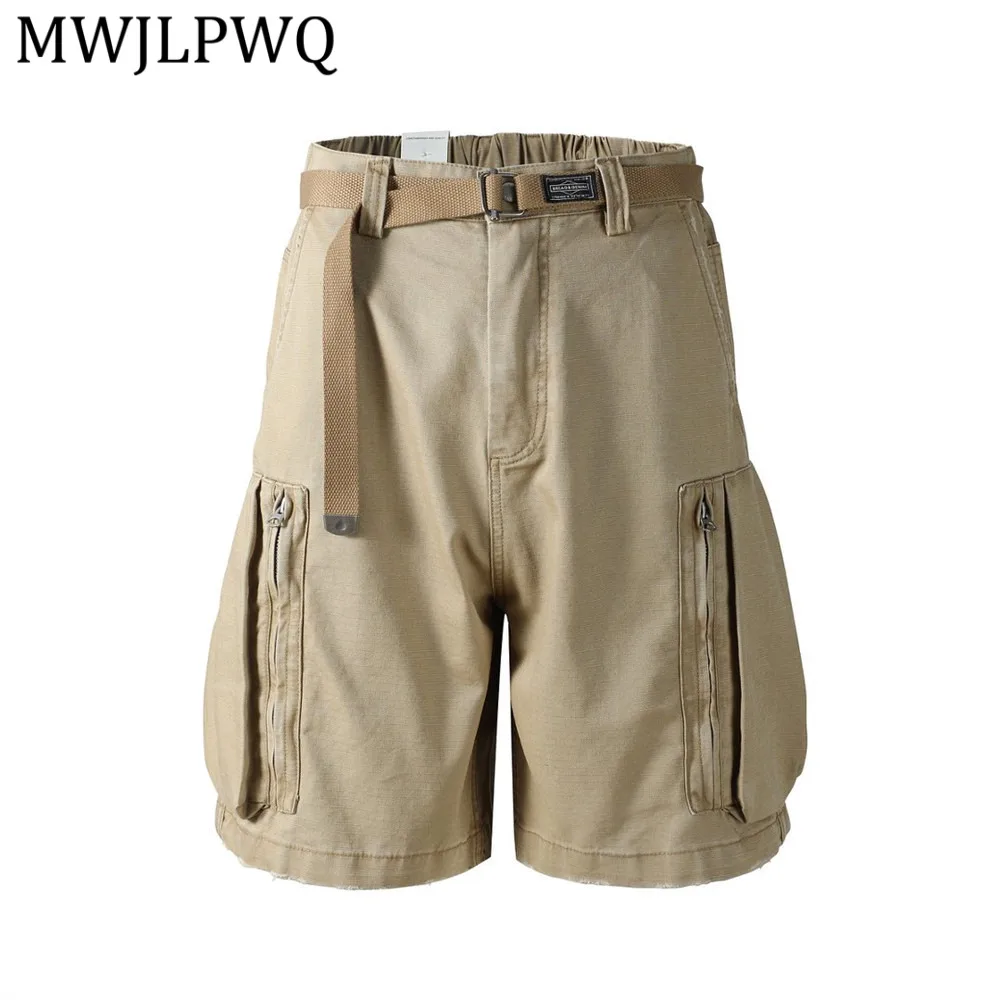 

MWJLPWQ Cargo Shorts With Webbing Belt Side Zip Pockets Elastic Waist Raw Hem Loose Fit Men Outdoor Daily Street Wear 16797