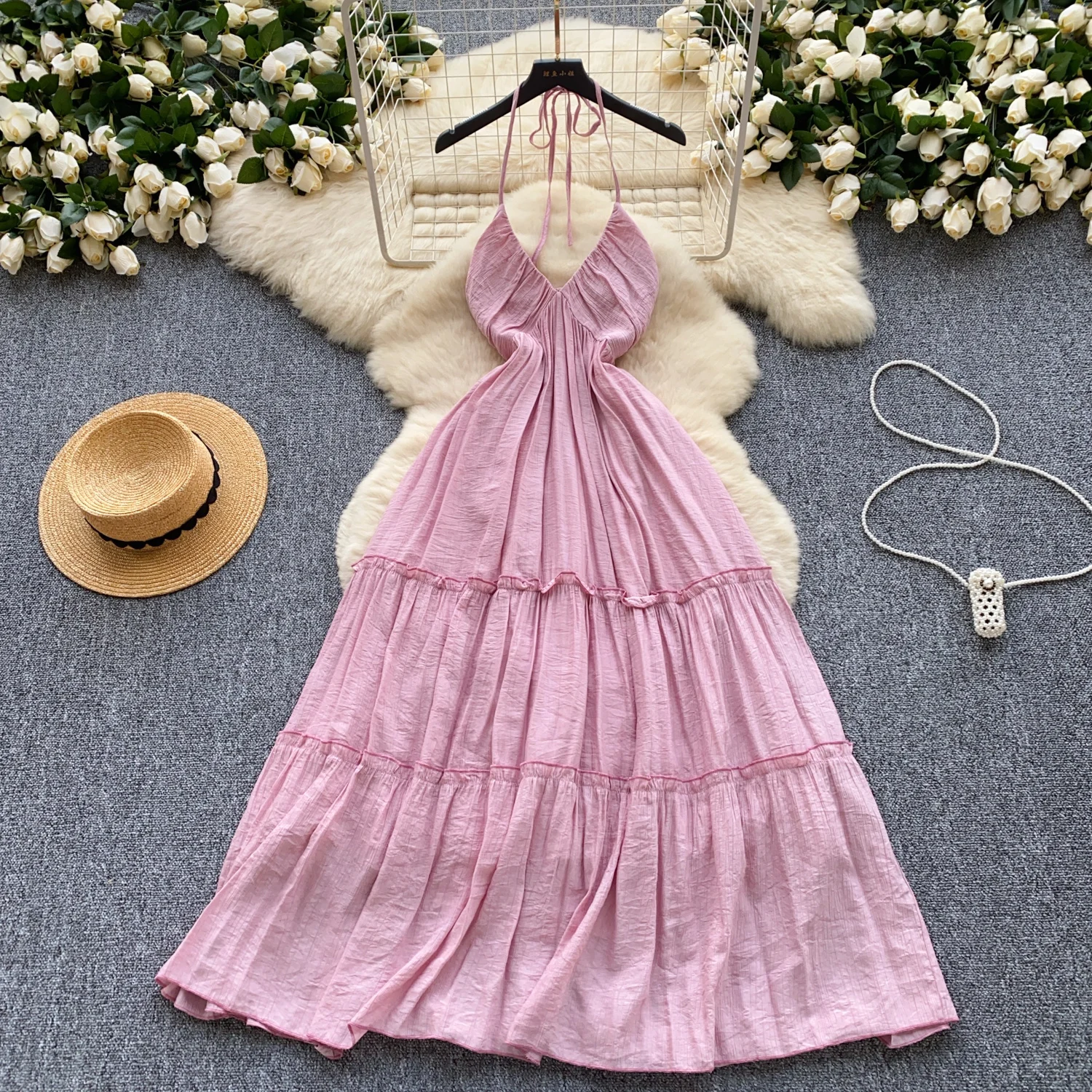 Ofallsis Fairy V neck Hanging Neck First Love Dress 2024 Summer New Gentle Style Sexy High Waist Ruffle Hem Big Swing Dresses