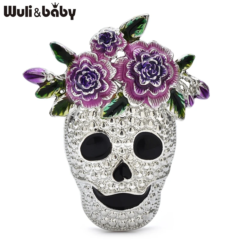 Wuli&baby Wear Flowers Skull Brooches For Women Unisex 2-color Alloy Enamel Skeleton Clothes Bags's Brooch Pins Gifts