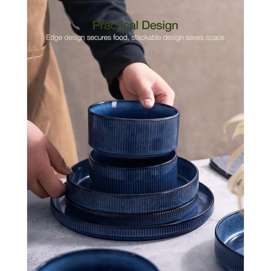 Star Dinnerware Sets Plates and Bowls Set for 4 12 Pieces Ribbed Dishes Chip and Scratch Resistant Microwave and Dishwasher Saf
