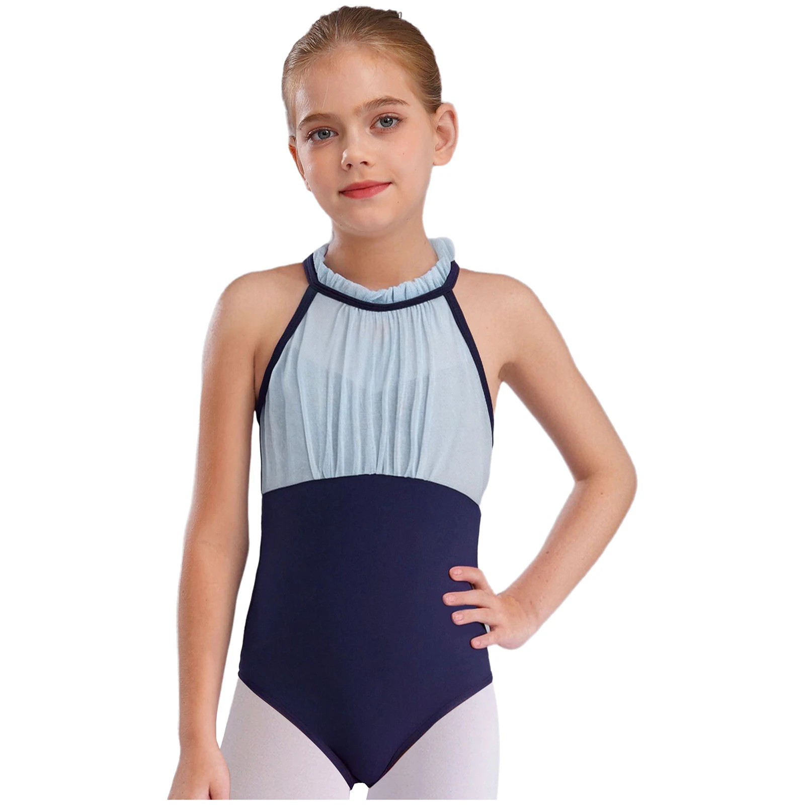 

Girls Ballet Dance Leotard Sleeveless Backless Ruched Sheer Mesh Bodice Gymnastics Bodysuit for Ballroom Stage Dance Performance