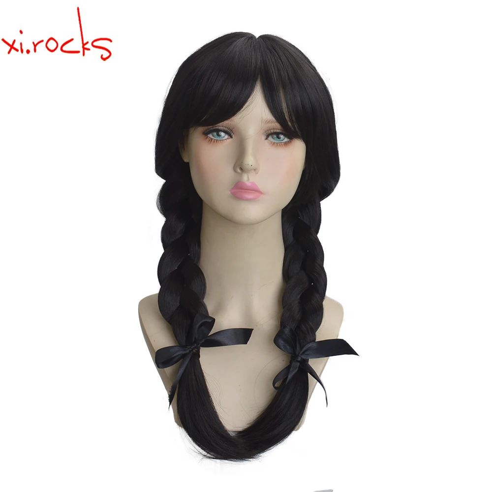 3622L Xi.Rocks Addams Wednesday Long Black Braids Hair Cosplay Heat Resistant Synthetic Wig Halloween Party Role Play