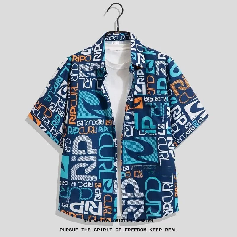 

Loose Short Sleeve Hawaiian Style Shirt Men's Hong Kong Retro Floral Design Summer Casual Shirt Youth Popular Polyester Fiber