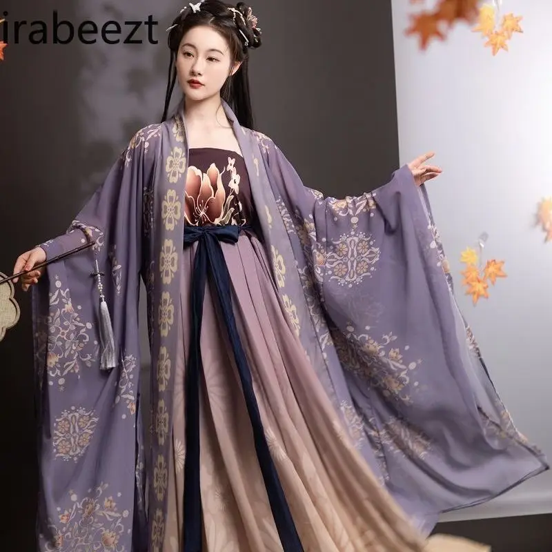 

Женский наряд Hanfu в стиле династии Тан, летний традиционный китайский костюм с струящейся блузкой и юбкой с широкими рукавами, винтажный комплект