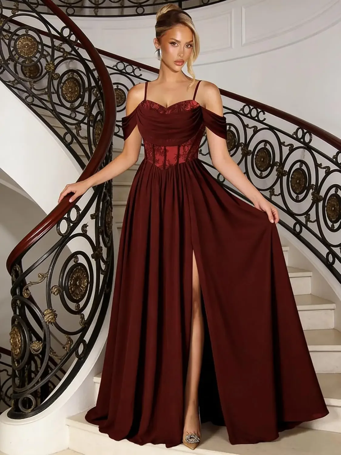 Vestido de fiesta con hombros descubiertos, apliques de encaje, abertura, corte en A, corsé plisado, largo, formal, elegante para mujer