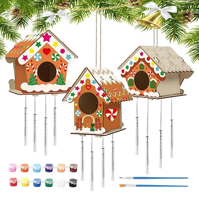 

Bird House Kit Bird Nest Wind Chimes Unfinished Bird Houses For Crafting Christmas Craft House With 12 Paints 2 Brushes