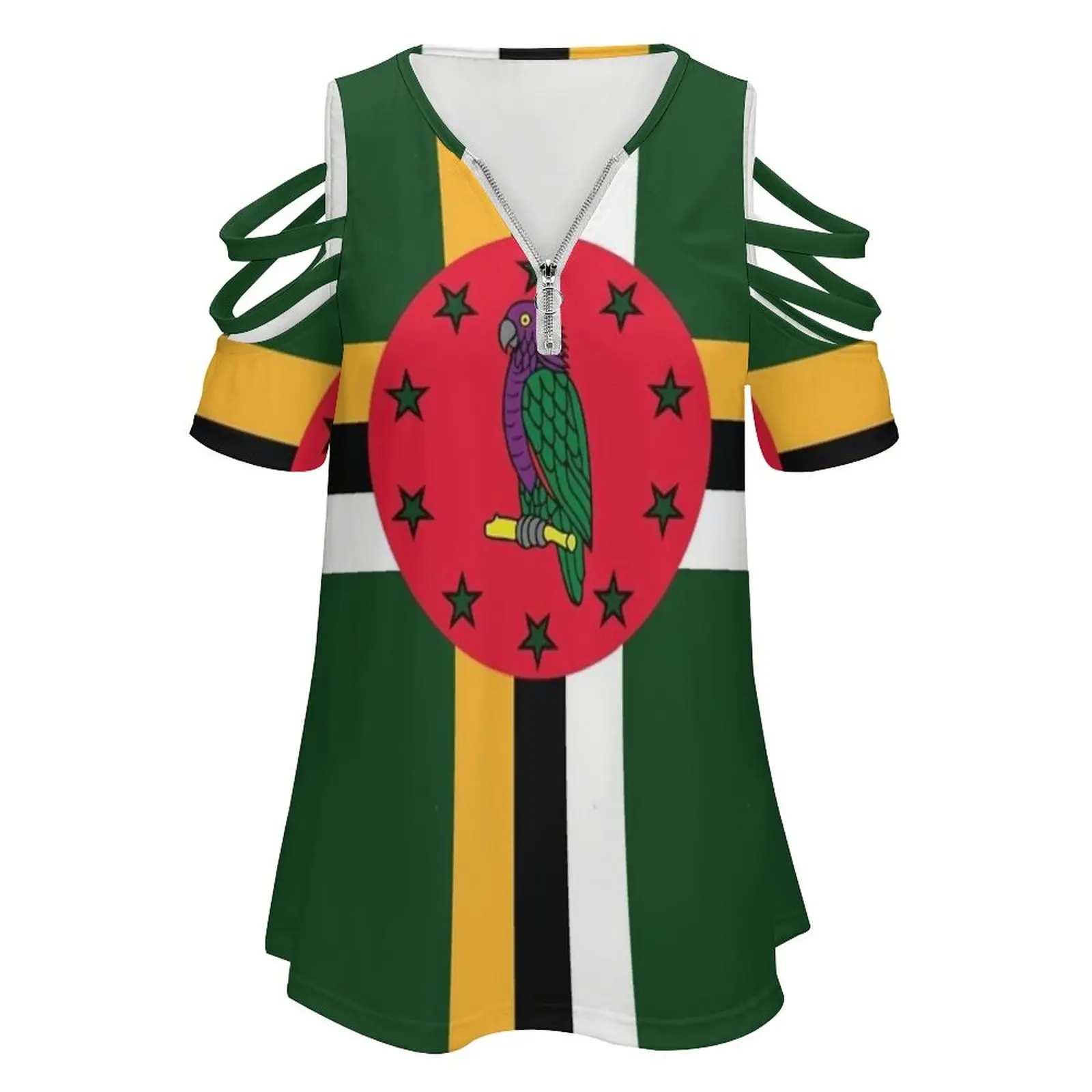 Dominica National Flag Women's T-Shirt Summer Fashion Print Floral V-Neck Zipper Tshirt Hollow Pullover Ladies Top Dominica