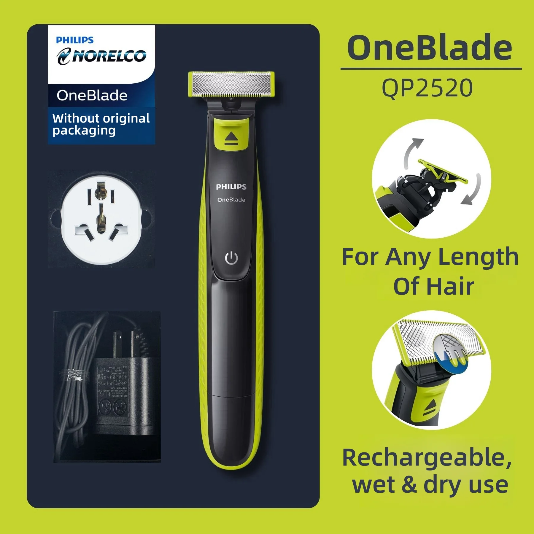 Philips Norelco One Blade QP2520/70، بدون صندوق أصلي، رطب/جاف مع 3 قادين، حتى 45 دقيقة من وقت الاستخدام