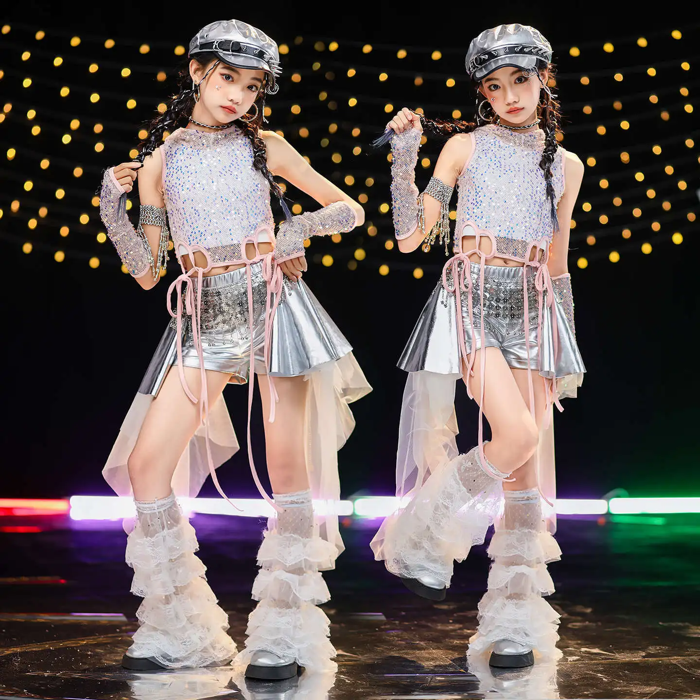 

Kid Hip Hop Clothing Pink Sequined Lace up Hoodie Crop Tank Silver Faux Leather Shorts Mesh Strap for Girl Dance Costume Clothes