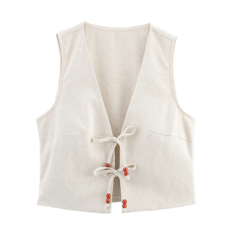 Summer New Beaded Bow Decoration Linen Blended Vest Culottes Set