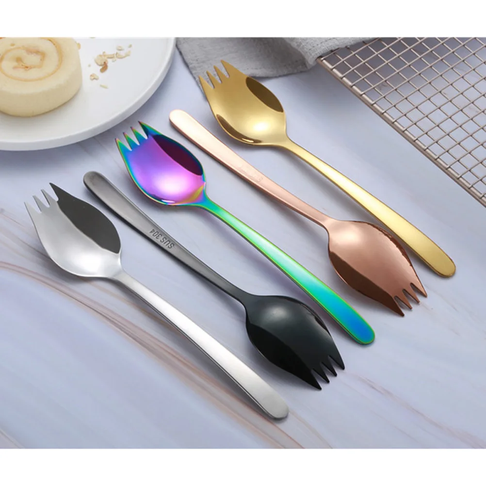 6Pcs Stainless Steel Fork Spoon Multifunction Design Noodle Salad Dual Purpose Dinner Tableware for Eating Kitchen Fork Spoon