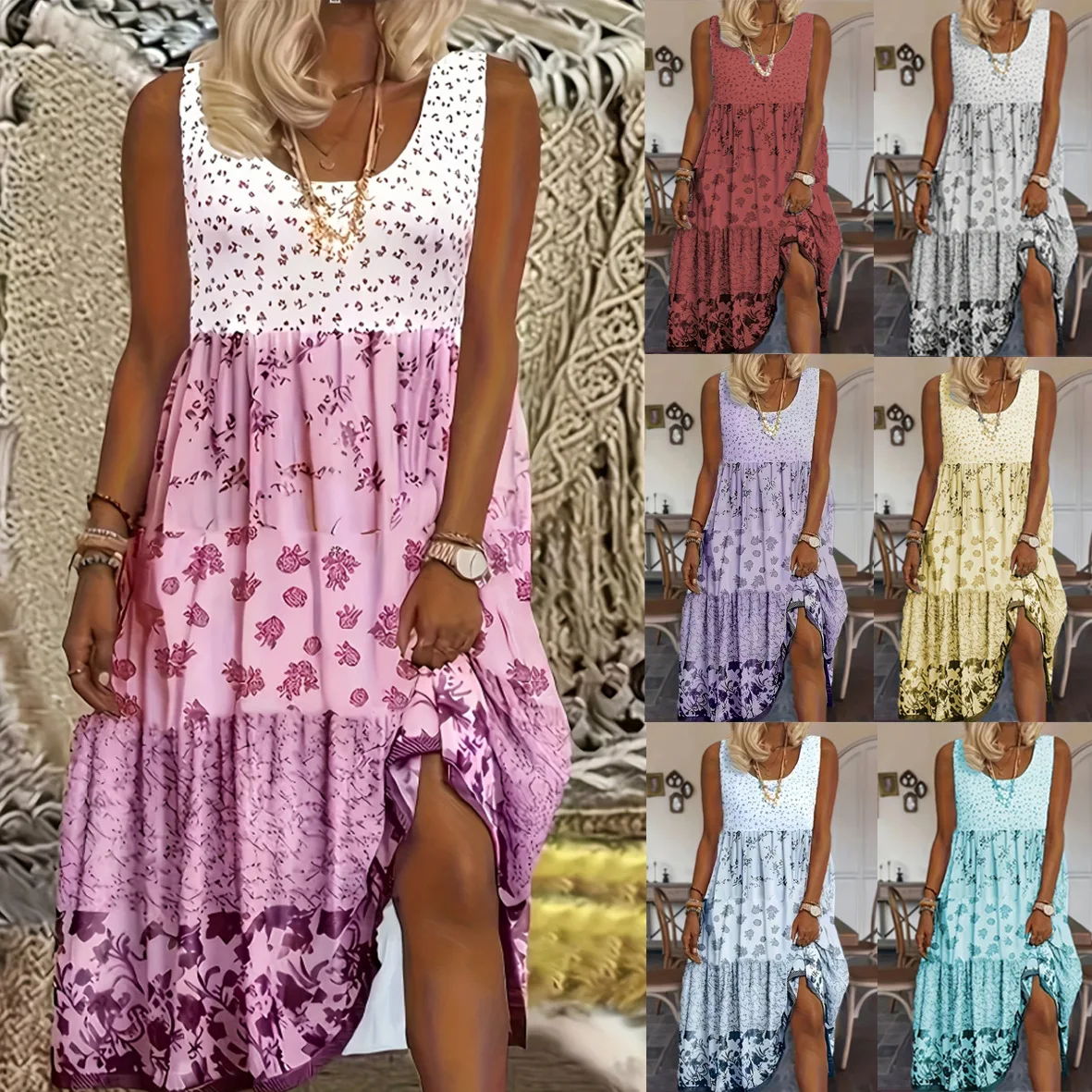 

2025 Spring Summer Women's Floral Print Dress Round Neck Long Maxi Dress Holiday Casual Autumn Sleeveless Women Clothings Floral