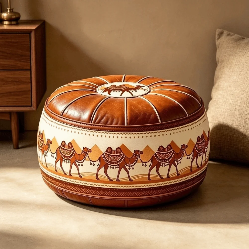 PU Leather Boho Style Seat Cushion Cover Unstuffed Large Capacity Sofa Stool Cover Fillable Design Waterproof Storage Leg Bench