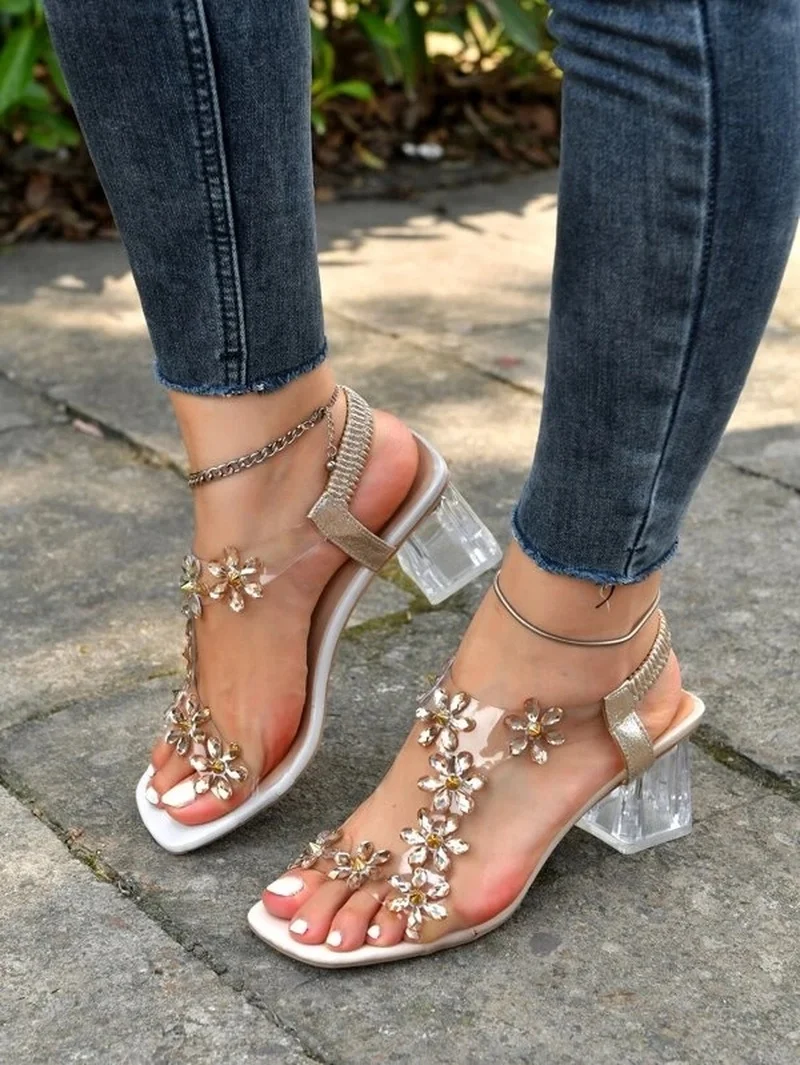 Comemore Designer Sandals Women\'s 2022 New Crystal Heel Rhinestone Flower Ladies Shoes Heels Fashion PVC Summer Woman Sandal 34