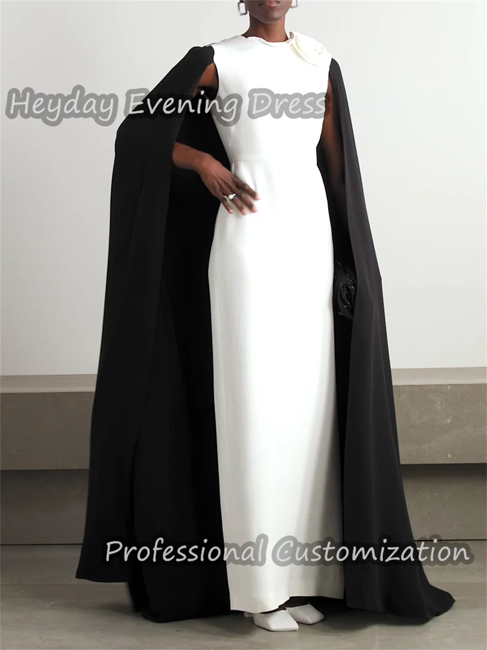 

Heyday O-Neck Saudi Flower Prom Party Gown Crepe Short Sleeves Floor Length Straight Elegant Sexy Dress For luxurious Woman 2024