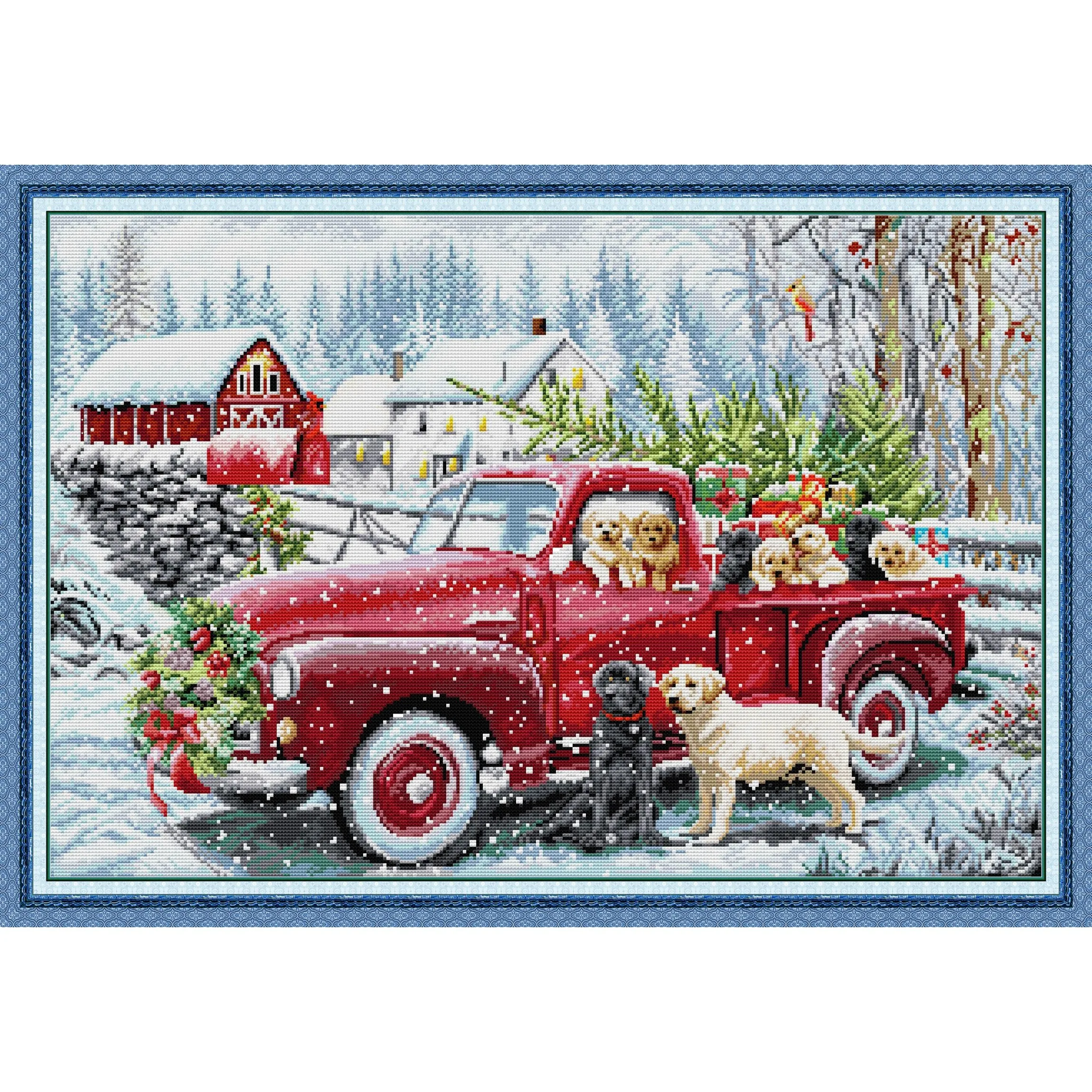 

Soulgift News Pre-Printed Cross Stitch Kit, Stamped Aida Fabric with DMC Threads, Embroidery kit - Christmas Delivery Truck