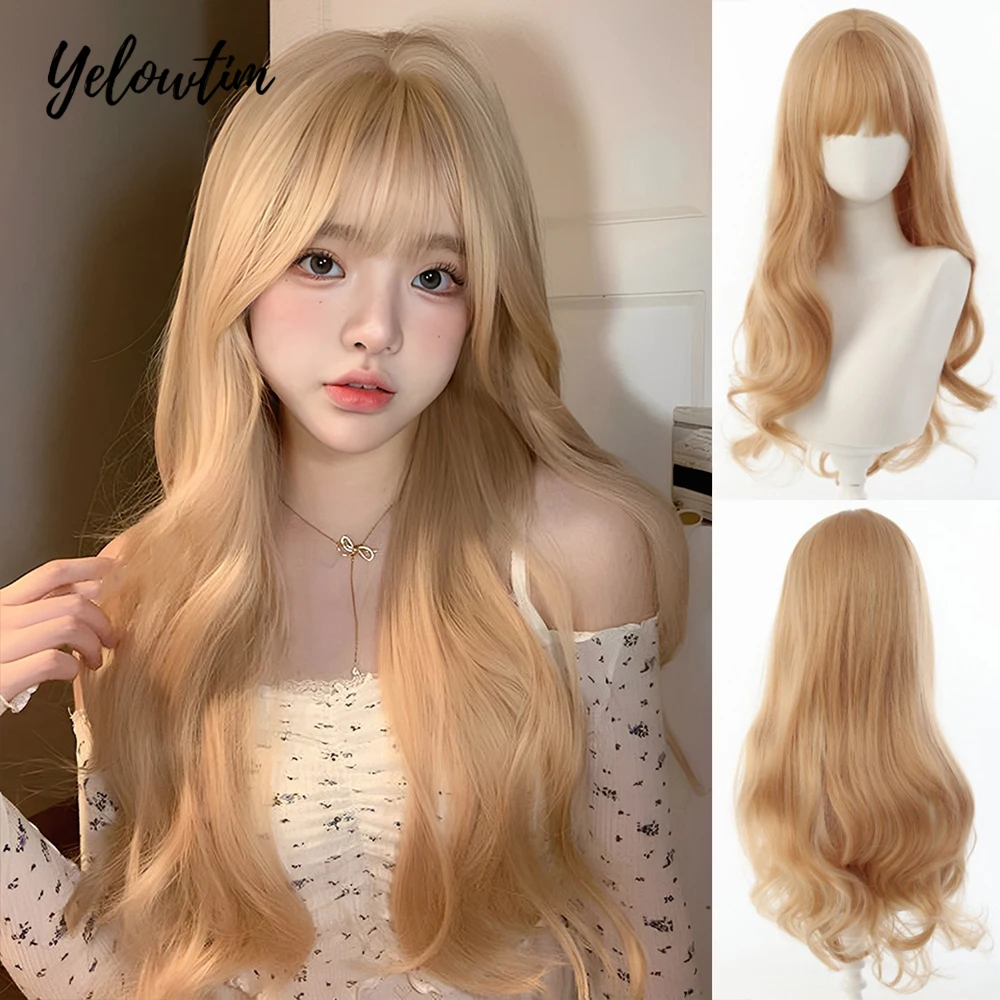 

Synthetic Blonde Long Wavy Wigs with Bangs Lolita Cosplay Blonde Halloween Natural Wave Hair Wigs for White Women Heat Resistan