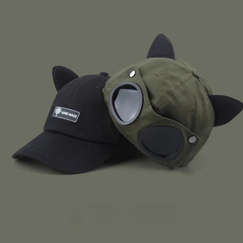 النظارات الشمسية قبعة لطيف آذان القط الطيار قبعة نظارات قبعة بيسبول المرأة الرجال محيط الرأس الكبير العلامة التجارية العصرية النسخة الكورية قبعة