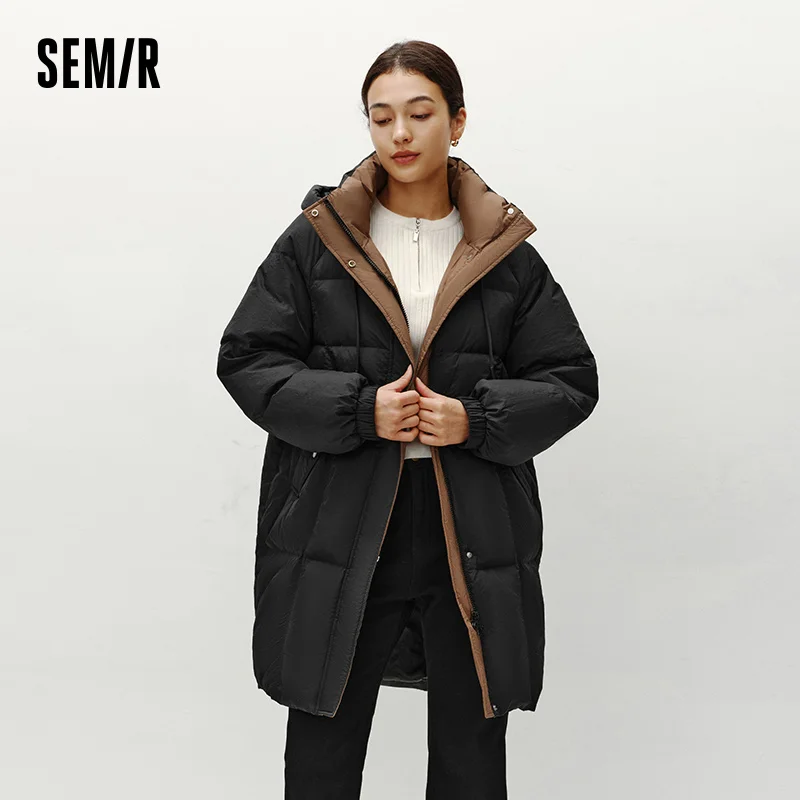 Semir Down Jacket Women Long Length Hooded Black Coat 2026 Winter New Loose Outerwear Fashion Women's down coat