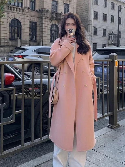 Lace UP Long Coat Women 2024 Spring Faux Woolen Full Sleeve Female Midi Jacket Fashion Single Breasted Loose Causal Lady Coats