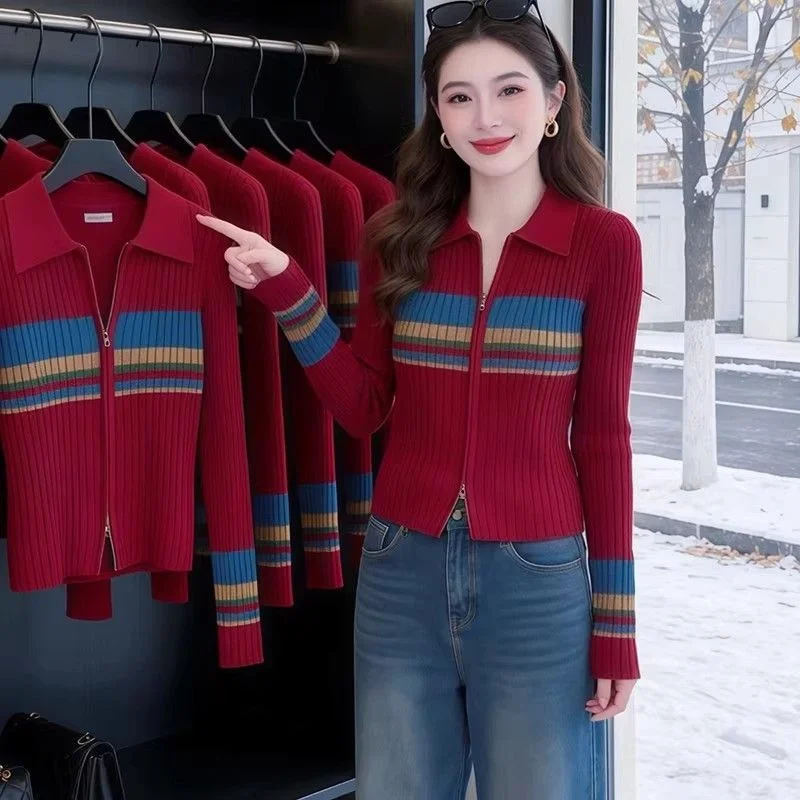 Color Blocking Striped Lapel Zipper Sweater Knitwear Women's Short 2026 Spring Autumn New Slim Versatile Top Cardigan Jacket