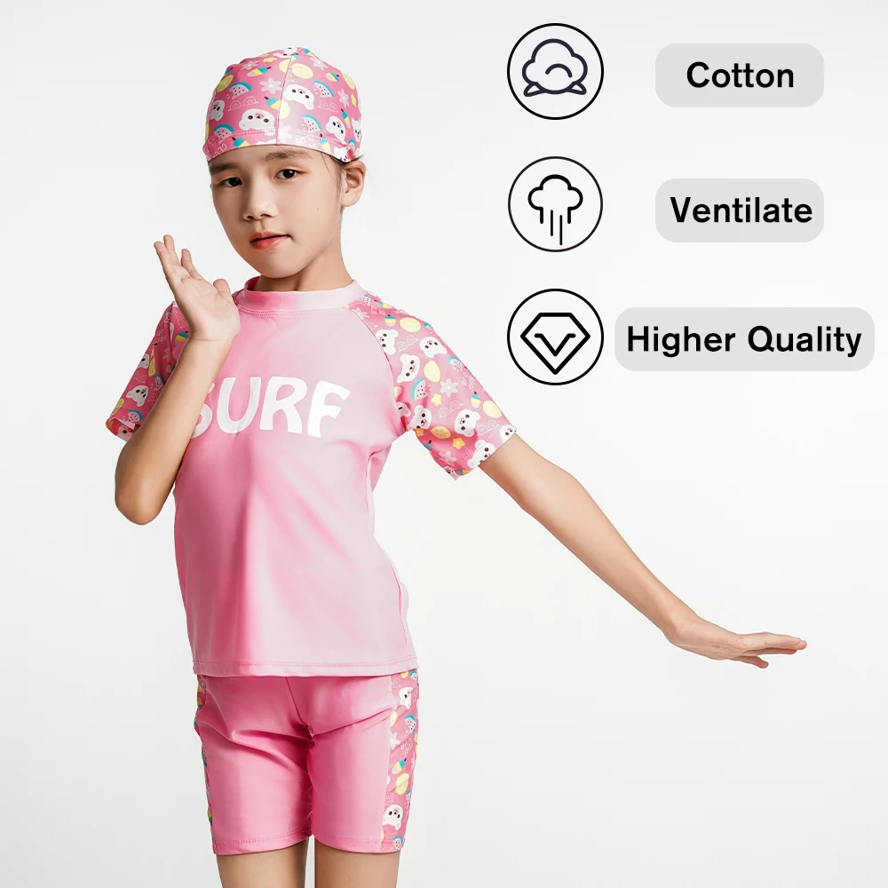 Costume da bagno per ragazze Set Rashguard in 3 pezzi Stampa floreale carina Costume da spiaggia per bambini Costumi da bagno a maniche corte con