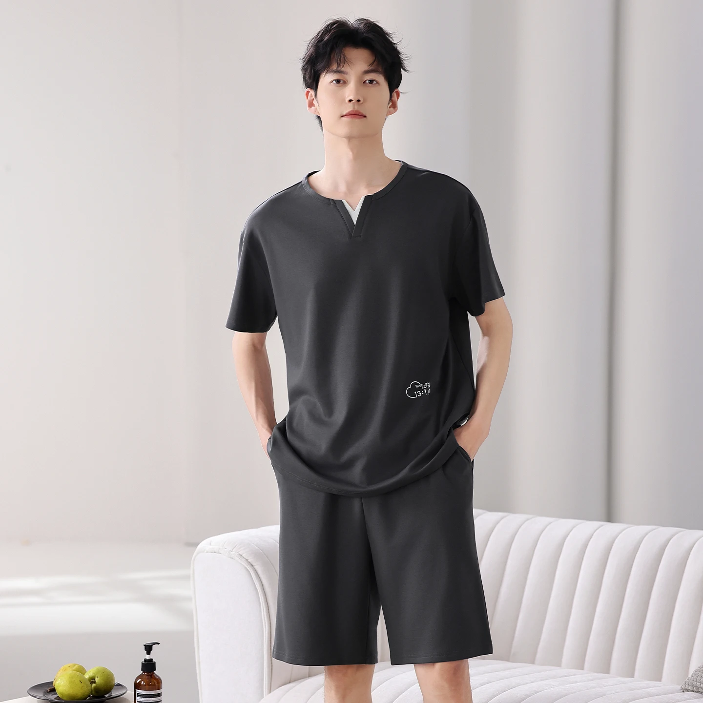 Men Pajamas Full Pure Cototn V Collar Sleepwear Men Summer Home Clothes Big Yards L-4XL Short Sleeve Shorts Young Male Homewear