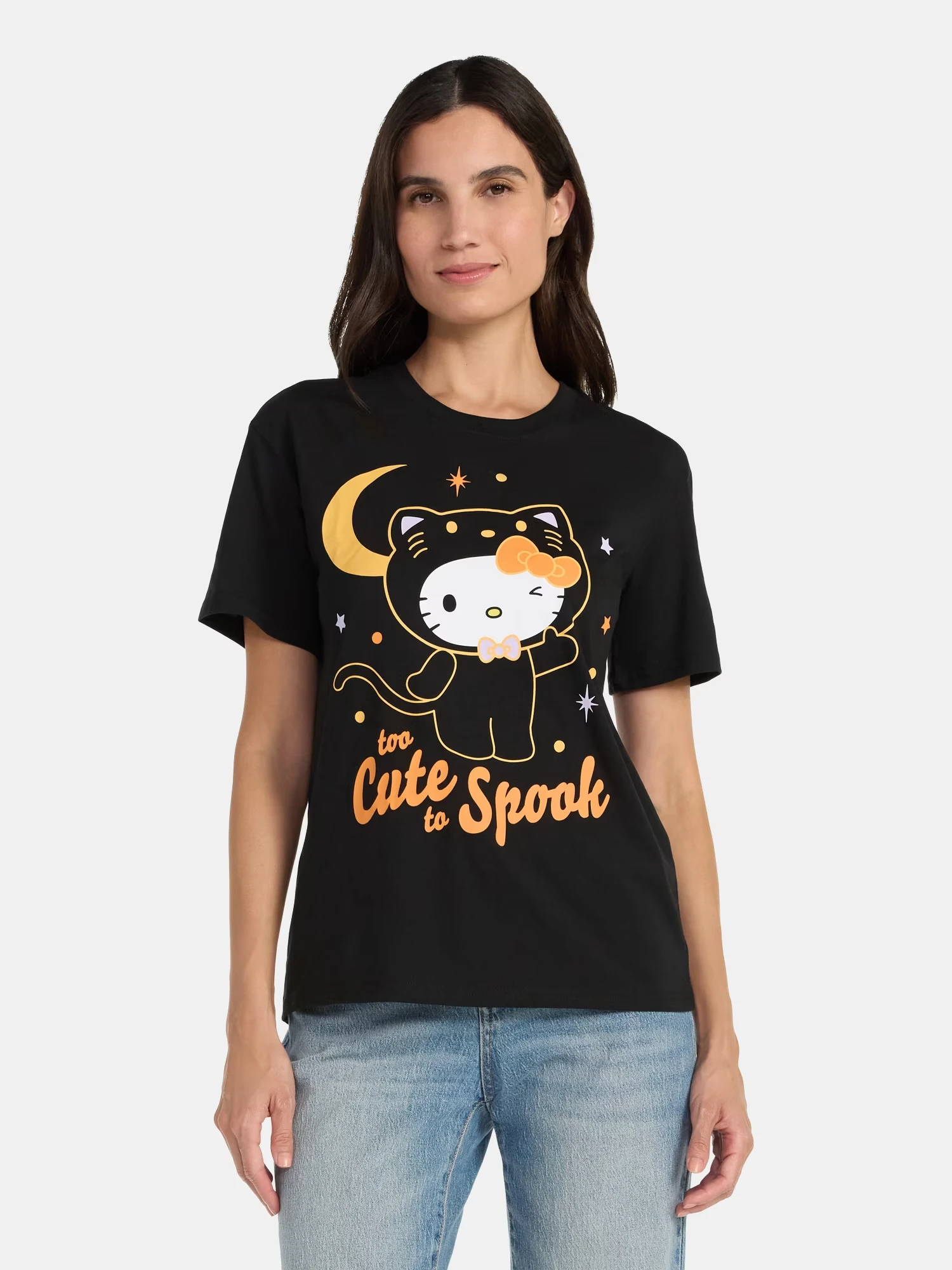Hello Kitty Halloween Cat T-shirt Black Short Sleeve Tee 'Too Cute To Spook' Moon Stars Graphic Men Women Casual Holiday Top