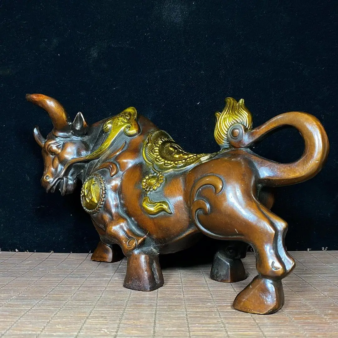 Vintage Collectible Gilded Solid Copper Ox Ornament with Ruyi