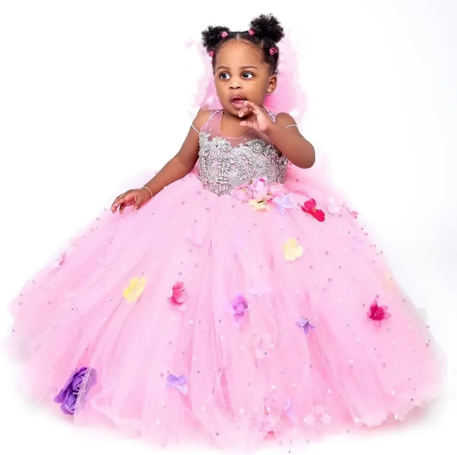 

Luxury Pink Flower Girl Dresses Pearls 3D Flowers Beaded Princess Queen Ball Gowns Girls Birthday Dress Christmas Party Gown