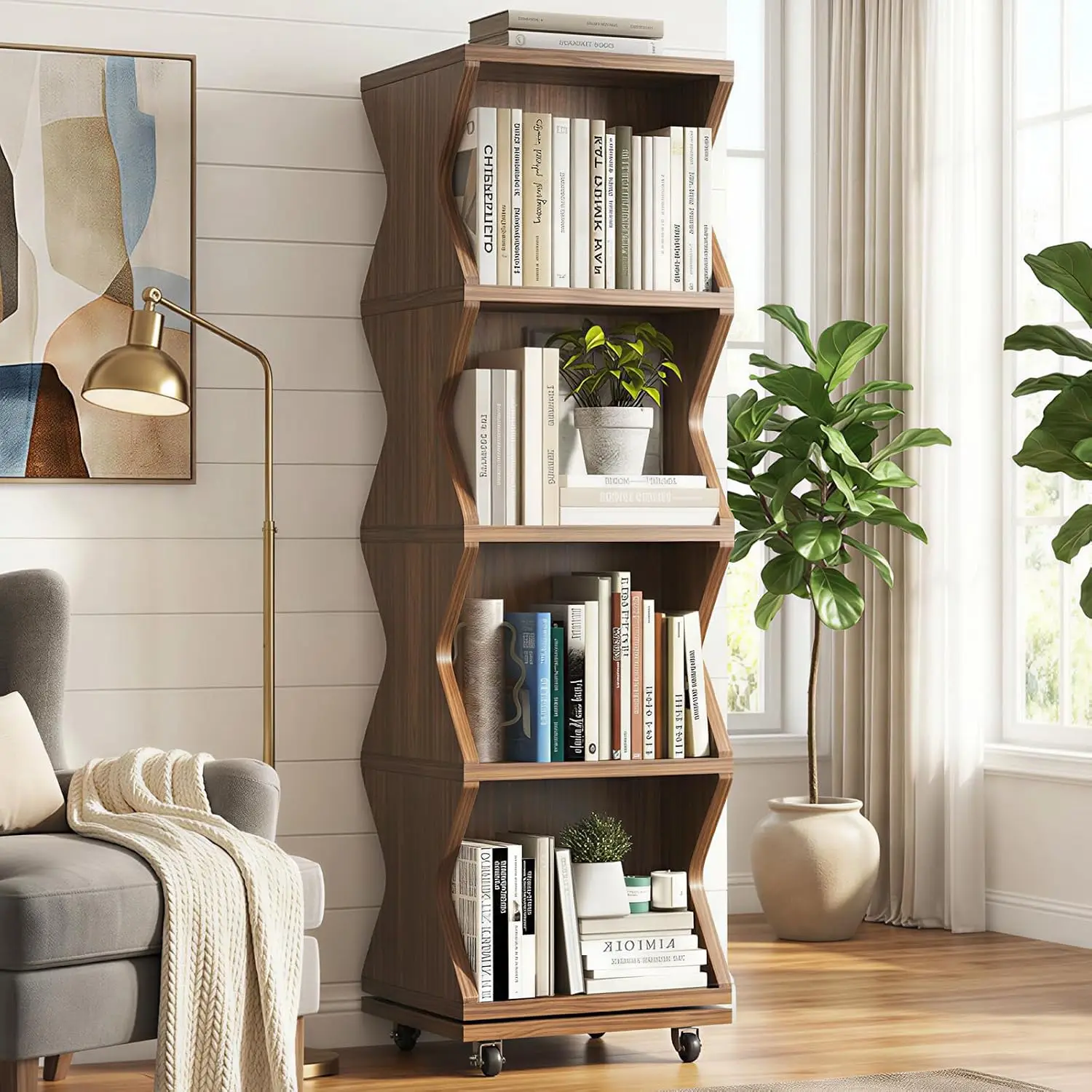 Rotating Bookshelf Tower, 360°Revolving Bookcase with Wheels, Walnut Wood Corner Book Shelf Storage Organizer for Bedroom Living
