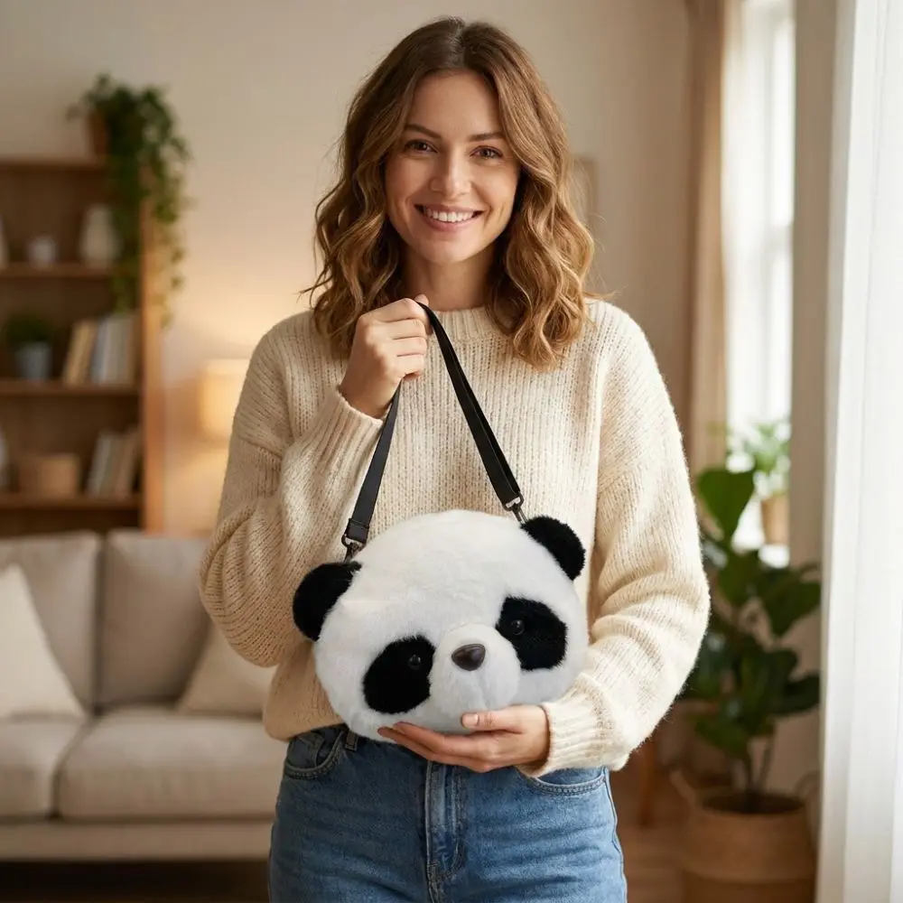 New Soft Fluffy Panda Crossbody Bag Lightweight Cartoon Coin Purse Fabric Adjustable Straps Phone Bag Women's Accessories - view 5
