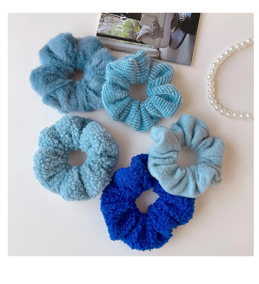 2026 Multi-Stoff Blaue Haargummis mit Rippstrick, Blumenmuster und Karomuster, Elastische Haarbänder ohne Haarschäden, Pferdeschwanzhalter für Damen – Detail 9