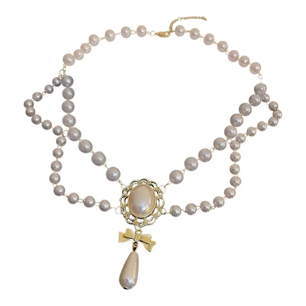 New Double Layer Baroque Pearl Choker Bowknot Pendant Beaded Imitation Pearl Palace Style Bridal Jewelry Accessories Jewelry