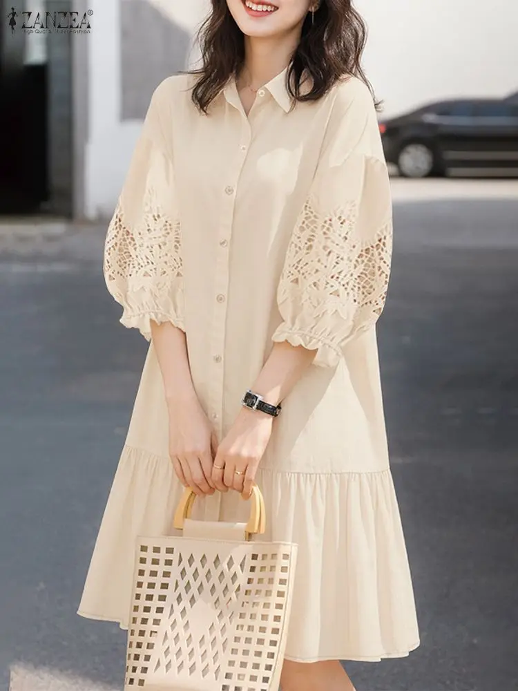 2026 ZANZEA Estate Del Merletto Crochet Vestito Estivo Delle Donne Alla Moda Camicia Ricamata Vestito Manica 3/4 Mini Vestito di Lavoro D'ufficio Abiti Robe