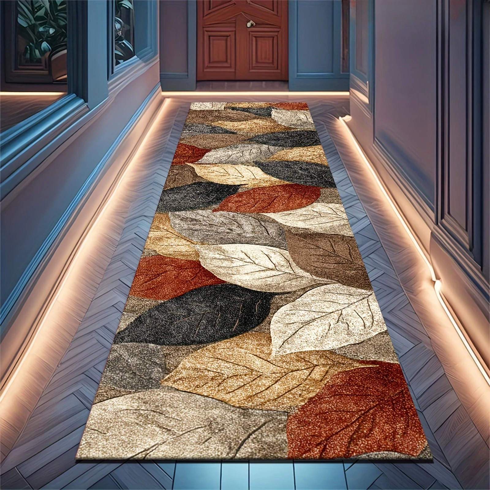 Autumn Multi Color Maple Leaf Patchwork Vintage Textured Leaf Print Long Runner Rug Farmhouse Hallway Entry Kitchen  Area Rug