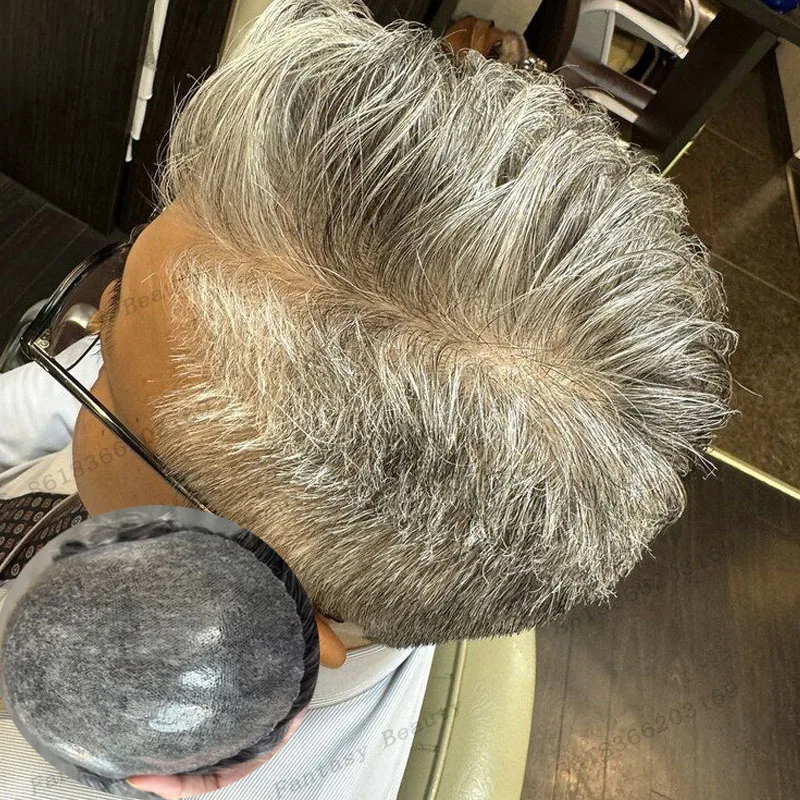 

Undetectable Grey Men Human Hair Prosthesis System Capillary Poly Skin 0.1mm PU Base Old Man's Wigs Easy Wear Durable Men Toupee