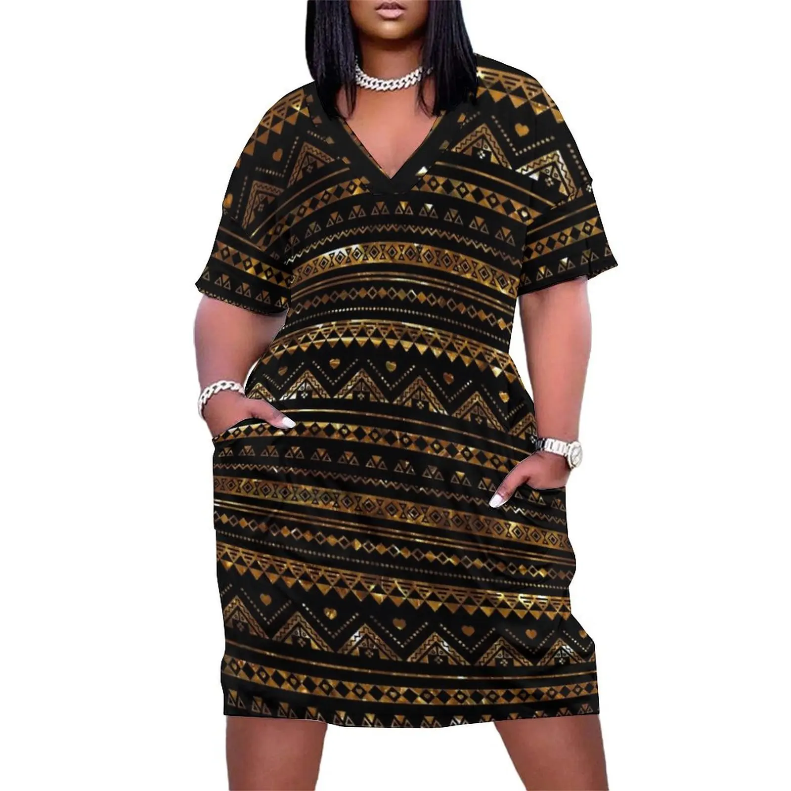 Aztec Black Tinsel Gold Loose Pocket Dress Dress for pregnant women dresses for prom