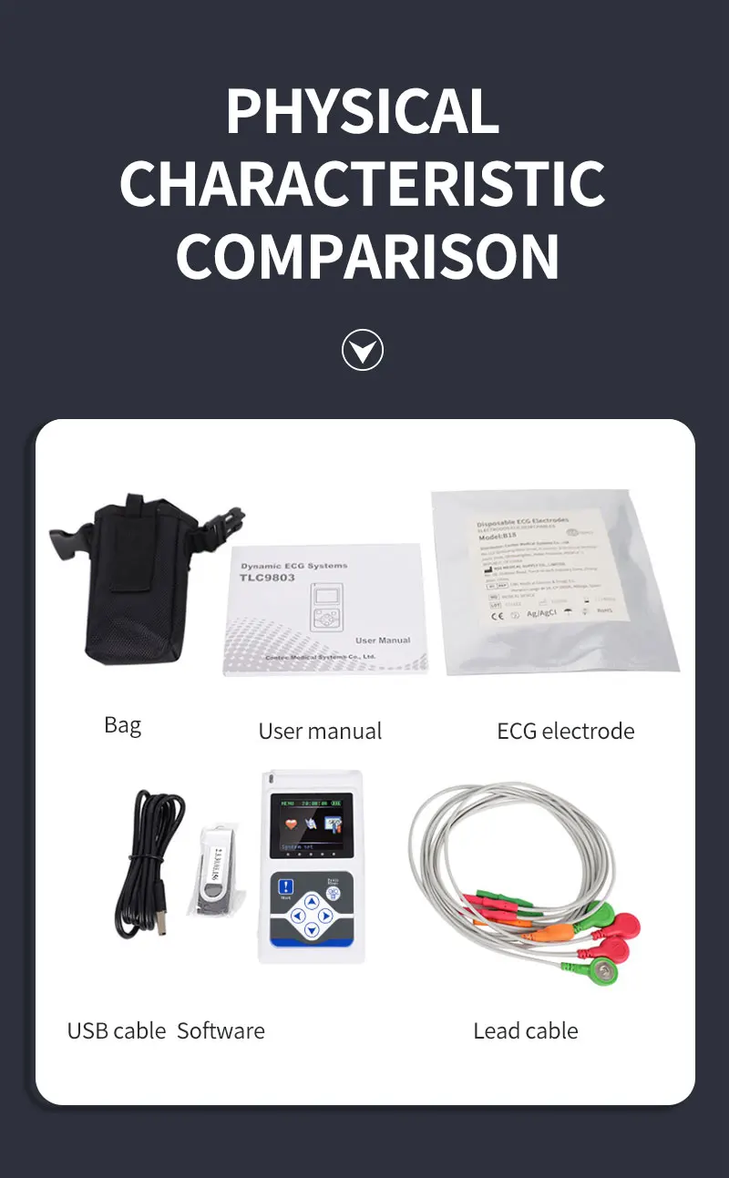 CONTEC Offical TLC9803 Genuine 3 Channels ECG Holter Monitor System 24-Hour Dynamic EKG Recorder for Heart Rate Monitor