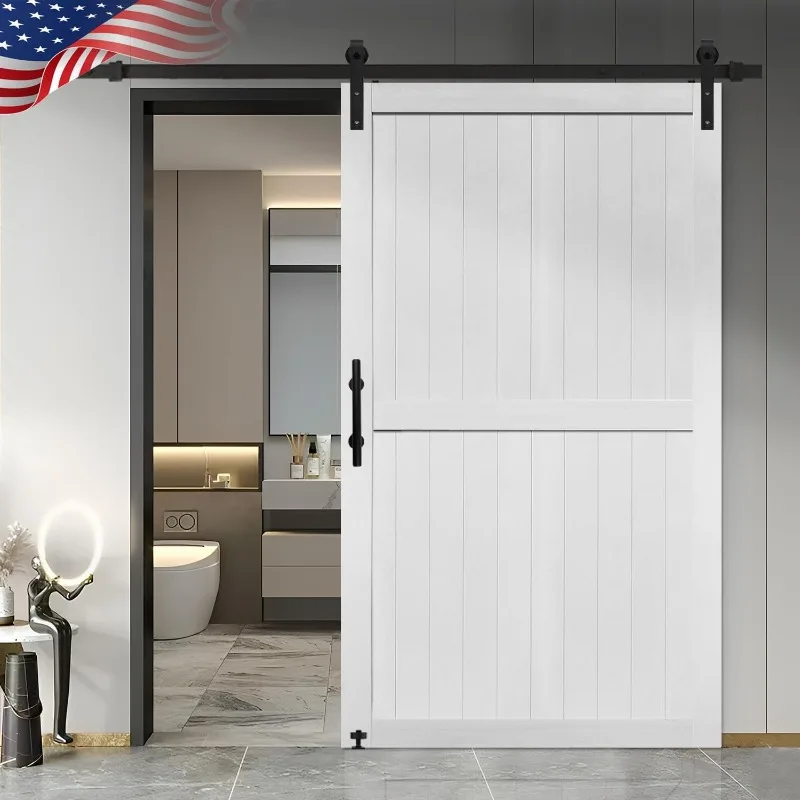 MDF Barn Door with 10FT Sliding Door Hardware Kit, 24-60in Solid Barn Door Slab Covered with Water-Proof PVC Surface