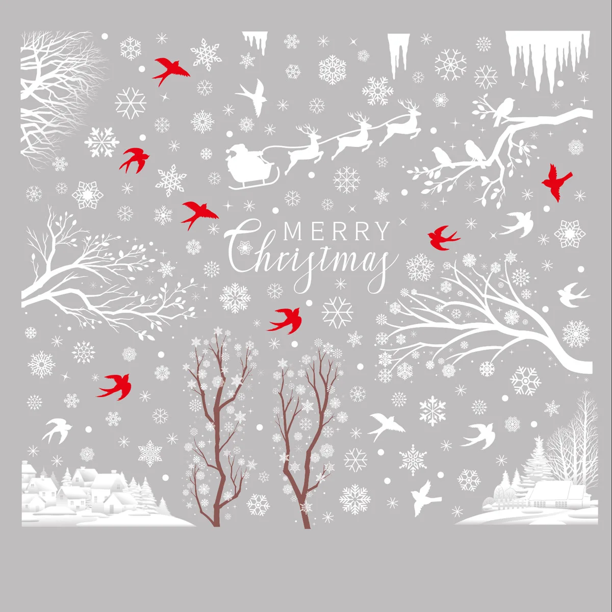 Christmas White Snowflake Tree Branch Window Sticker bird Forest Snow Scenery New Year Door Sticker Merry Christmas