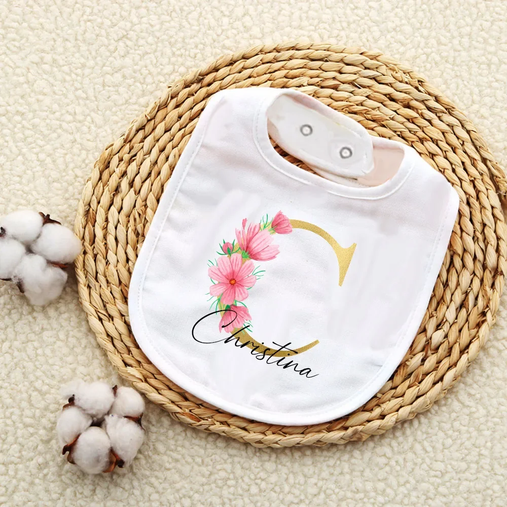 Personalised Initial with Name Baby Bibs Custom Girls Cotton Bib Newborn Saliva Towel Flower Print Bib Baptism Baby Shower Gifts