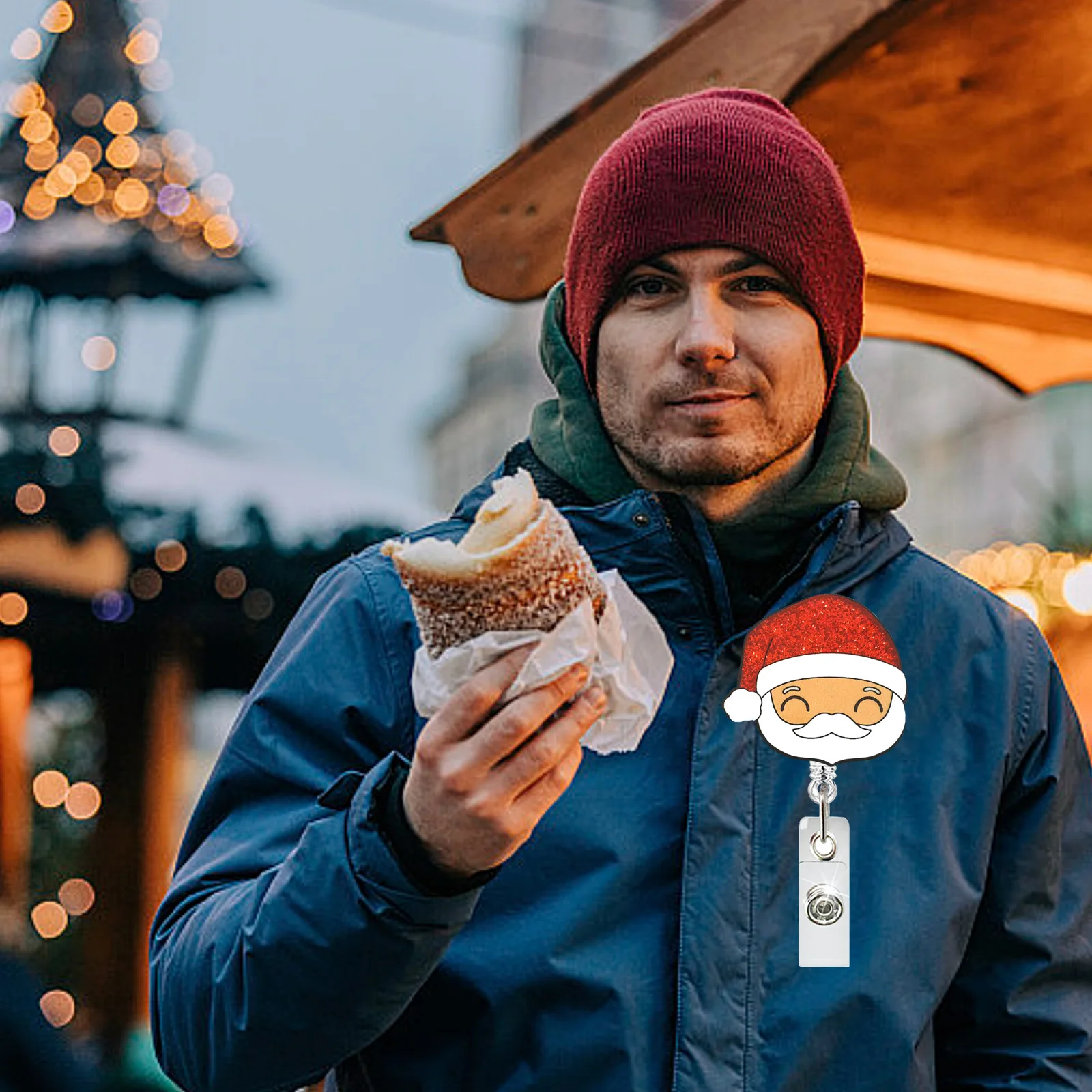 Clip de carrete de insignia con purpurina acrílica, soporte de insignia giratorio con forma de pingüino de Navidad, Papá Noel de dibujos animados, de fácil extracción hebilla, regalo de vacaciones