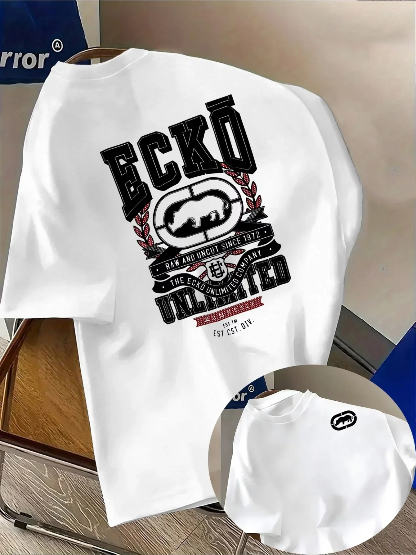 Men Ecko Laurel Rhino Front Back Print T-Shirt Korea US Hot Vintage Varsity Crew Neck Hip Hop Oversized Cotton Tee