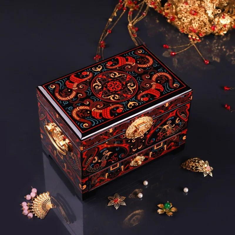Pingyao Lacquer Jewelry Box, Hand-painted Han Pattern Light Luxury Wooden Vanity Storage Organizer