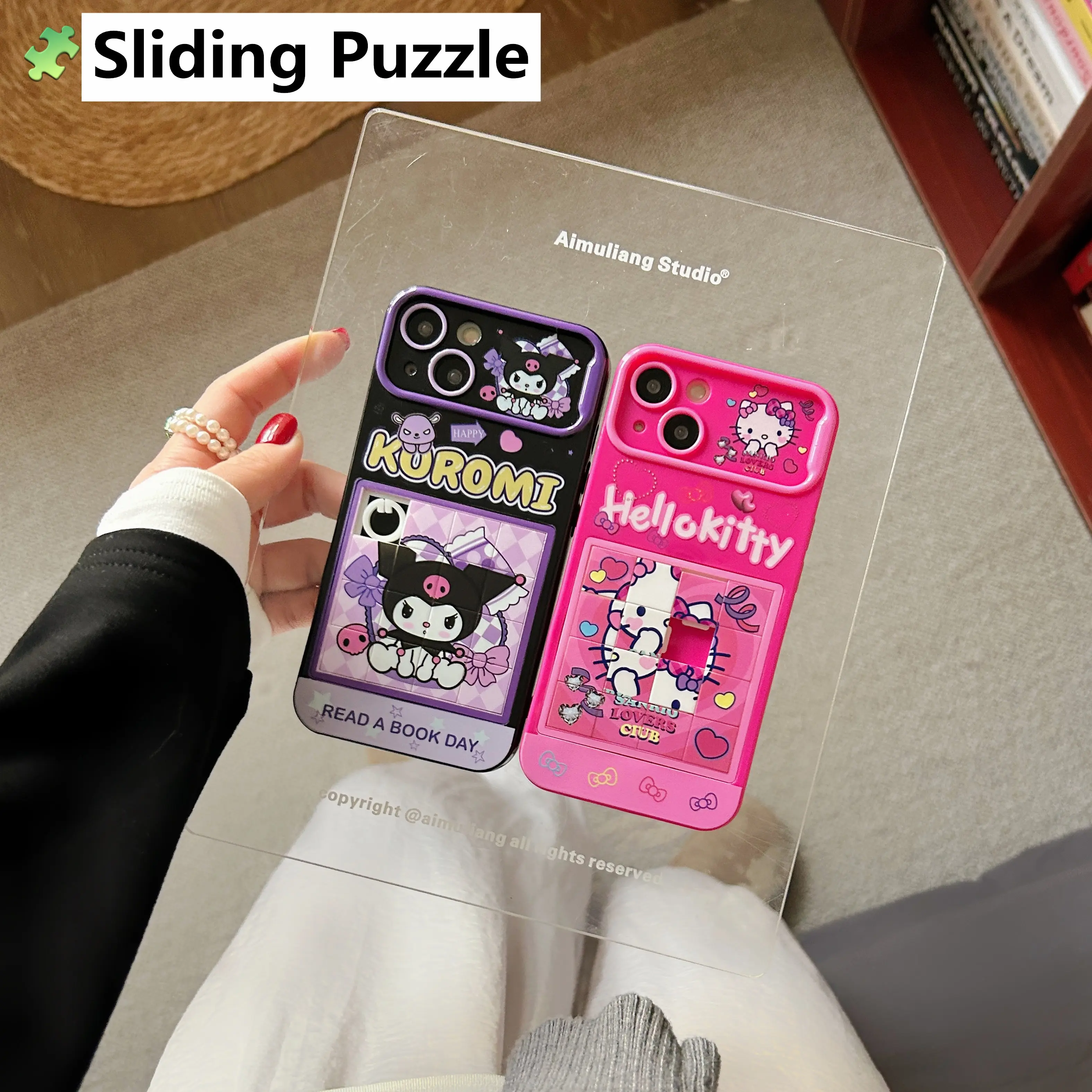 Puzzle Funny Slide Phone Case for iPhone 12 13 14 15 Pro Max 15Pro 13Pro 14Pro Cute Cartoon Sanrio Kuromi Kitty Cat Jigsaw Cover