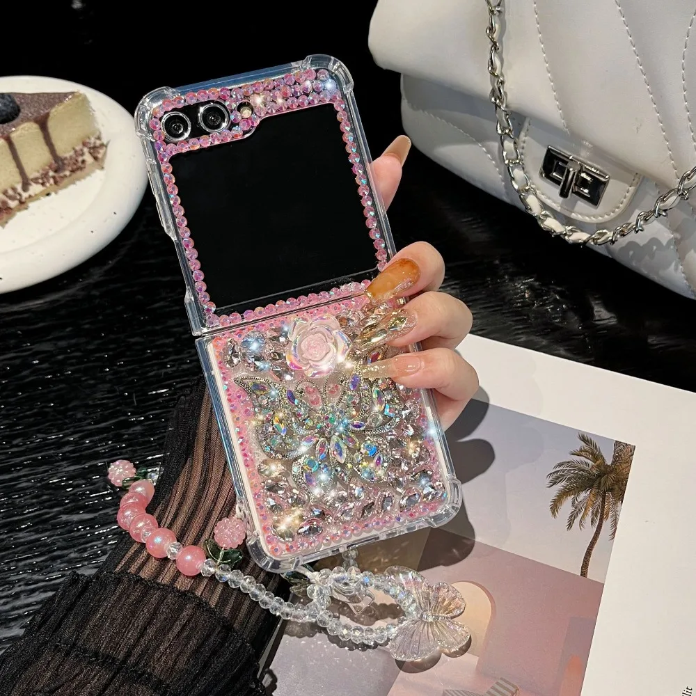 

Phone Case for Samsung Galaxy Z Flip 7 6 5 4 3 5G Flip7 FE Luxury Crystal Butterfly Flower Diamond Stone Pearl Wrist Strap Cover