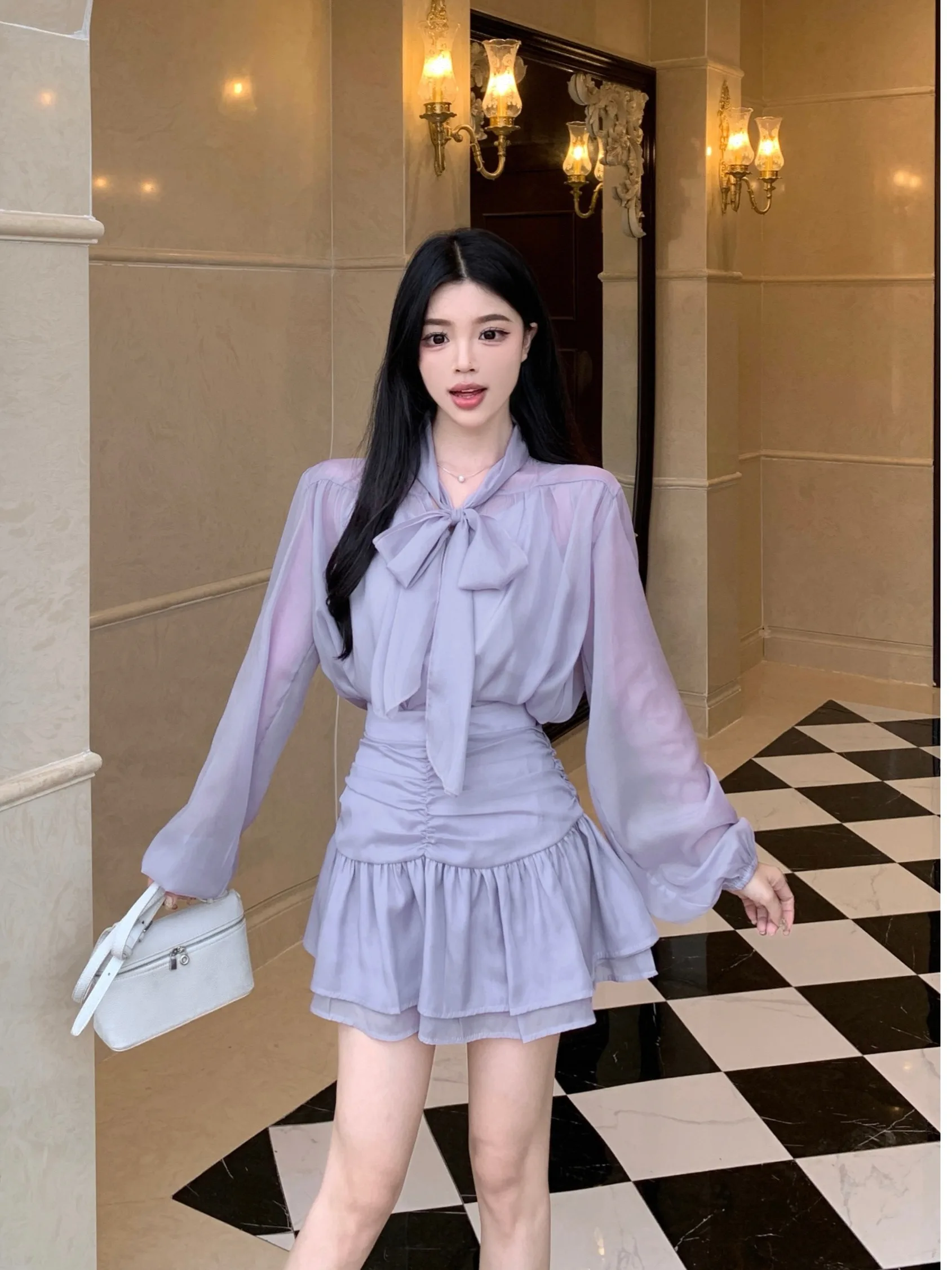 

plus Size Women's irt Knot Long Sve High Waist ort Skirt Set Korean Sle Commute Faion Autumn New Arrival