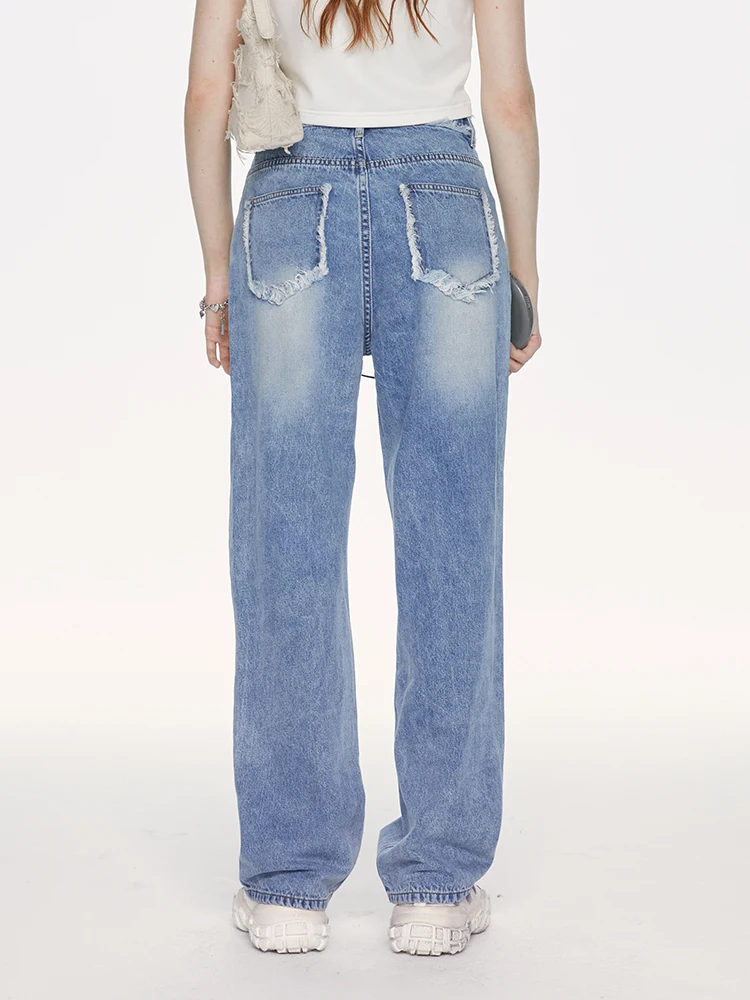 Blue Jeans Women's High Waist Slim Straight Loose Fit Torn Frayed Denim Pants Autumn New Style Comfortable Cotton Blend